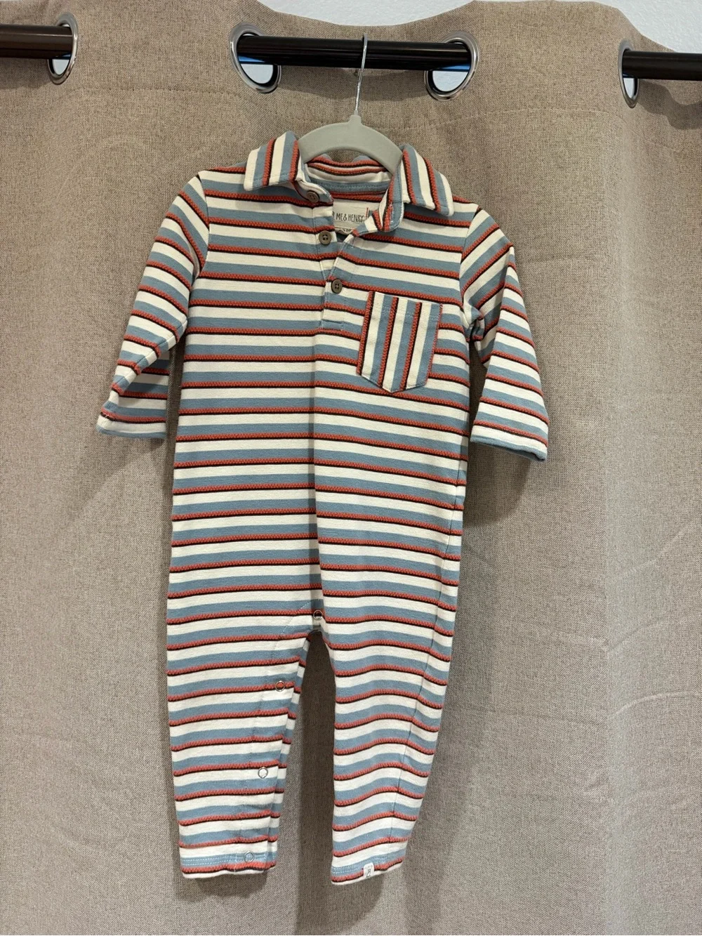 Striped Collared Baby Footie in Light Blue & Red
